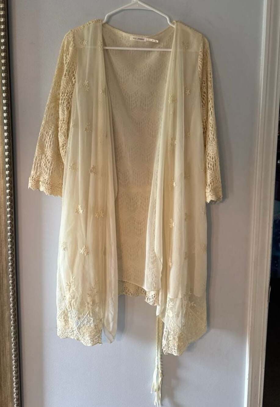 Cream Lace Crochet Kimono Sheer Boho Festival Coastal Cowgirl Cardigan Size XL